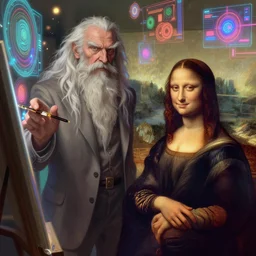 illustration of h. r. giger and leonardo da vinci and liliia sitailo, artist paint in air colorful elements of bright sci - fi hologram elements, dramatic, sharp focus, depth of field, highly detailed, artstation, digital art, volumetric light, dynamic, expression