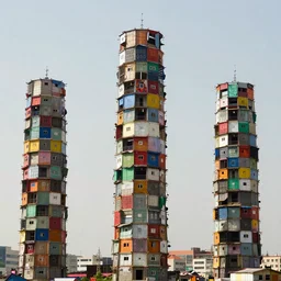 circular towers, made up of colourful makeshift squatter shacks, vertical blank spaces, dystopia, sony a 7 r 3, f 1 1, fully frontal view, photographed by jeanette hagglund and terry gilliam