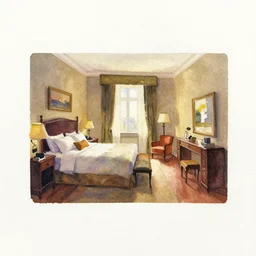 small centered on watercolor paper, paint brush strokes, abstract watercolor painting of furnished master suite hotel room, cinematic light, national romanticism by hans dahl, by jesper ejsing, by anders zorn, by greg rutkowski, by greg manchess, by tyler edlin
