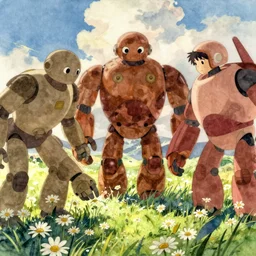 a wholesome animation key shot of giant robots picking daisies, studio ghibli, pixar and disney animation, sharp, disney concept art watercolor illustration by mandy jurgens and alphonse mucha and alena aenami, pastel color palette, dramatic lighting