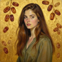 epic painting of highly detailed long brown haired female in olive blouse on golden glowing background with dried dates in style of amy leibowitz, wlop, jeremy lipkin, beeple