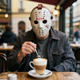 photograph of jason voorhees having a coffee at an european caffé