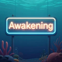 the deep sea where the neon signboard that says awakening is shining / a deep - sea fish made of garbage is swimming / 8 k