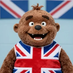 british mascot mr blobby with an insane grin, creepy photo oh no