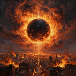 a black glowing sphere in the center of the sky surrounded by swirling firestorm clouds, a detailed wide cityscape on fire, wide perspective, highly detailed digital art, cinematic, hyper realism, oil on canvas, trending on Artstation, octane render