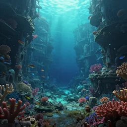 Interior of an abandoned underwater city, overgrown with coral and fish, rendered by Beeple, by Makoto Shinkai, syd meade, synthwave style, environment concept, digital art, unreal engine, WLOP, trending on artstation, 4K UHD image, octane render,