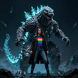 female humanoid godzilla dressed in a black trench coat, rainbow t - shirt, and jeans, neon, dark mode, tones of black, light blue foreground, low contrast, 3 2 k, ultra - hd, super - resolution, megapixel, angry, good, divine, powerful, massive scale, glow - in - the - dark, rocky, uranium, metallic fiber