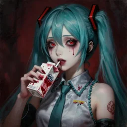 terrifying mysterious hatsune miku evilly drinks a bloody juice box, portrait, oil on canvas, dramatic, gothic style, body horror, beautiful perfect face, mood lighting, digital art, hdr
