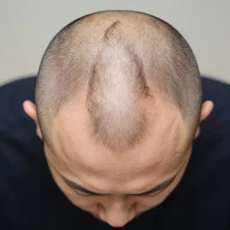 top down view of a bald man ’ s remaining hair in a triangle shape