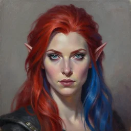 a detailed matte oil on canvas head on symmetrical portrait of a distinguished elven woman with red blue hair, by charlie bowater and lise deharme wlop, trending on artstationhd, dungeons and dragons art, critical role