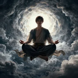 a prince meditating and floating in the air, swirly clouds in the background, art by James Jean and Wayne Barlowe and moebius, high details , highly contrasted colors, cinematic, cgsociety 8k
