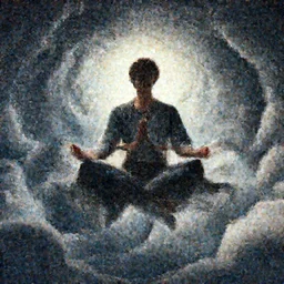 a prince meditating and floating in the air, swirly clouds in the background, art by James Jean and Wayne Barlowe and moebius, high details , highly contrasted colors, cinematic, cgsociety 8k
