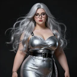 beautiful curvy female, long silver hair, round black glasses, silver and black dress with belt around waist line, silver accessories, highly detailed, digital painting, matte, particles, dark background, smooth, sharp focus, art by artgerm, alphonse mucha, frank frzetta, bouguereau, beksinski, chiaroscuro, tom bagshaw, anna dittman, octane render