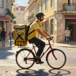 a food delivery guy on his bicycle at the streets of Lisbon, art by Stephen Hickman