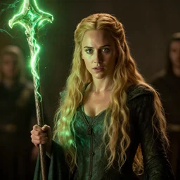 epic photo of gillian anderson as beautiful medieval sorceress with very long blonde hair, epic battle scene, holding her wizard staff electricity surrounding it, sweaty, neutral expression, perfect likeness, very strong rim light glow, low contrast, soft light, low light, green hue, shallow depth of field, photorealistic, cinematic lighting, lovely bokeh, warm colours, night time, movie quality, green glow from the left, excalibur 1 9 8 5, movie still, cinemascope