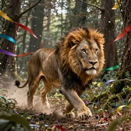 lion running through the forest, surrounded by colorful ribbons and party confetti , concept art, huge scale, high detail, sci fi by James Jean