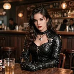 girl thief dnd sit in tavern, looks like kate beckinsale, black leather armor, looks straight forward, high detail, 4k