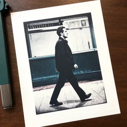 a risograph print of a man walking into a New York City subway station