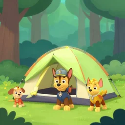 chase from paw patrol is camping in a tent in the woods