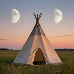 a teepee in a grass fielf, waxing moon, sunrise, greg rutkowski, 8 k, shallow depth of field, intricate detail, concept art,