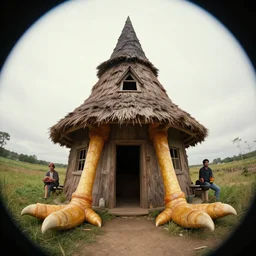 witch hut with big chicken legs, greg rutkowski, zabrocki, karlkka, jayison devadas, trending on artstation, 8 k, ultra wide angle, zenith view, pincushion lens effect