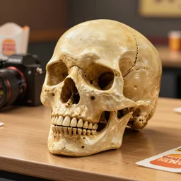 commercial photograph of a human skull on a table, realistic, sharp focus, golden ratio, 8 k octane render, smooth, mcdonalds, burger king, sony camera, global lighting, intricate details