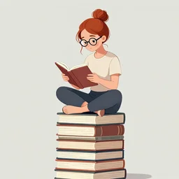 a young woman with red hair in a bun and glasses sits cross legged on top of a tall pile of books. she is reading. clean pretty cartoon painting, cel shaded, minimal outlines, beautiful detailed face.
