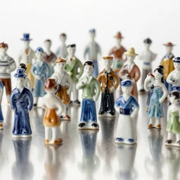 A crowd of colourful porcelain people figurines close up, tilt shift, reflections, Canon TS-E 17mm f/4, pristine quality wallpaper