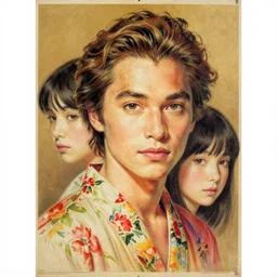 “ river phoenix portrait by ikenaga yasunari and ayana otake and ko rakusui, 6 0 s poster, drawing, realistic, sharp focus, japanese, dreamy, nostalgia, faded, golden hues, floral clothes, porcelain skin ”