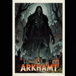 1979 Lovecraft Poster art depicting a gigantic scary god standing over arkham town.  Nuar Detective style by Vincent Di Fate