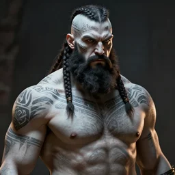concept art of a tall muscular man, with a full black beard, barbarian with white and gray skin, no hair on sides of head, braided hair on top of head, tribal tattoos on head and chest and back, grog, upper body portrait, style by donato giancola, wayne reynolds, jeff easley dramatic light, high detail, cinematic lighting, artstation, dungeons and dragons