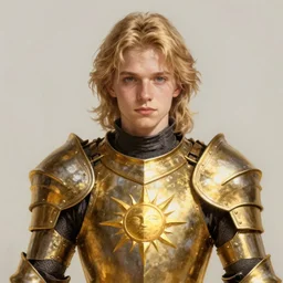 Portrait of a young knight with medium-length blond hair wearing a golden armor with a sun symbol, fantasy, highly detailed, digital painting, artstation, concept art, illustration, art by Bayard Wu and Marc Simonetti