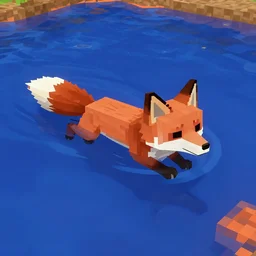 A fox swimming in a pool of lava, minecraft, shader graphics mod