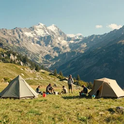 a very high resolution image from a new movie. an half noon in the mountains while people are camping. 2 4 mm, photorealistic, photography, directed by wes anderson
