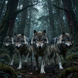 an epic action concept masterpiece of a rabid wolfpack, in a forest made of nightmares, horrific digital art, extremely moody lighting, style of johannes voss