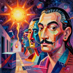 an extremely high quality hd detailed ultra-realistic photorealistic surrealism render of neon cast glass facial cubism figures melting into a warm picasso galaxy landscape by dali and zaha hadid, vivid colors, complimentary colors, melting sun, melting 4d cubes, hallway landscape, 8k, hd, high quality, high contrast