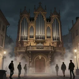 illustration of close street view of gothic pipe organ, night, smoke, ground fog, by peter mohrbacher, by alex andreev, by jacek yerka, by alan lee, large depth of field, super detailed, digital art, trending on artstation, ornate