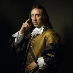 nicholas cage painted by jan vermeer, aristocratic pose, high contrast