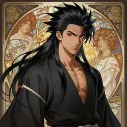 mazoku warrior, handsome japanese demon boy, young adult mazoku man with long wild spiky black hair, vantablack gi, muscular, red eyes, ultra realistic, intricate details, highly detailed, subsurface scattering, photorealistic, octane render, 8 k, art by artgerm, greg rutkowski, charlie bowater, magali villeneuve, alphonse mucha