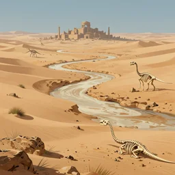 the lifeless land of endless sorrow stretching over the vast distance of an eternal desert, ruins of ancient cities in the background, dried up river, bones of giant dinosaurs, artstation, cgsociety, 8 k, cinematic, unreal engine, octane render, illustration digital painting, digital painting, artstation, concept art, sharp focus, art by wlop and greg rutkowski, rule of thirds