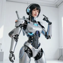 blissful young woman with solarpunk mecha humanoid robotic parts with bright led lights, pudica pose gesture, by michelangelo, in white room, ultra - realistic and intricate, hdr 8 k