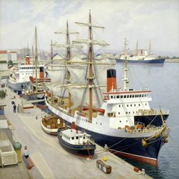 a master gouache painting of a group of ships docked at the harbor, group mass composition, very detaied, 8 k, by gustave caillebottet