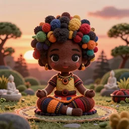 symmetry!, wide angle dynamic portrait of a chibbi black girl with a colorful afro in an african zen garden at sunset, macrophotography, felt texture, amigurumi by mark ryden and todd schorr and mark davis and zdislaw beksinski in a surreal lowbrow style, digital paint, matte paint, vivid pastel watercolors, breathtaking landscape