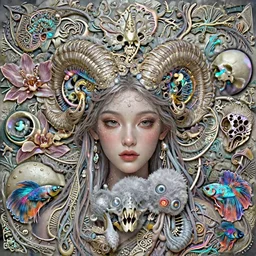 goddess princess beautiful face close-up portrait ram skull fluffy toy. jellyfish phoenix head, nautilus, orchid, skull, betta fish, bioluminiscent creatures, intricate artwork by Tooth Wu and wlop and beeple. octane render, trending on artstation, greg rutkowski very coherent symmetrical artwork. cinematic, hyper realism, high detail, octane render, 8k