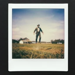 a 19th century polaroid of a space man landing in a farm