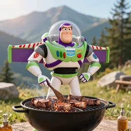 buzz lightyear grilling meat in a barbecue outside, sunlight, natural lighting, nature, mountain, barbecue, professional photography, 5 0 mm