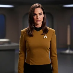 Gal Gadot, in Starfleet uniform, in the role of Captain Kirk in a scene from Star Trek the original series