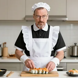 photo of Walter white cooking sushi wearing a maid costume