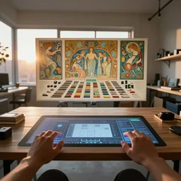 by james turrell : pov candid photo of my hands at my floating futuristic ios hologram desk, rows upon rows of perfectly organized knolled objects during sunrise in a cozy open - air design studio by greg rutkowski and alphonse mucha, scale model floating in midair in front of me, brilliant daylight vr os ux, leica 8 k still from an a 2 4 film