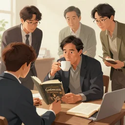a book dressed as a man having coffee with 3 teachers, art by greg manchess, guangjian, detailed digital art, artstation hd